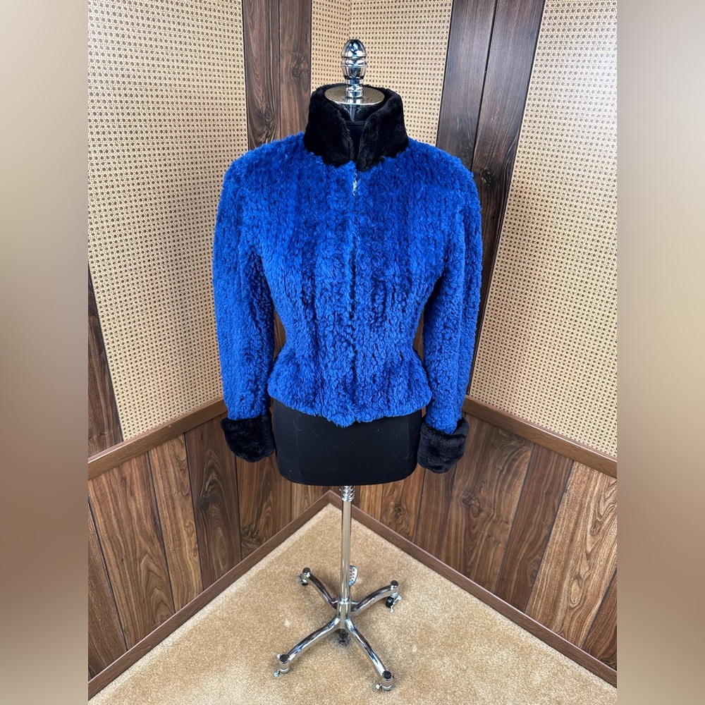 Paula Lishman Augustina Dyed Royal Blue & Black Knit Beaver Fur Coat Jacket S
